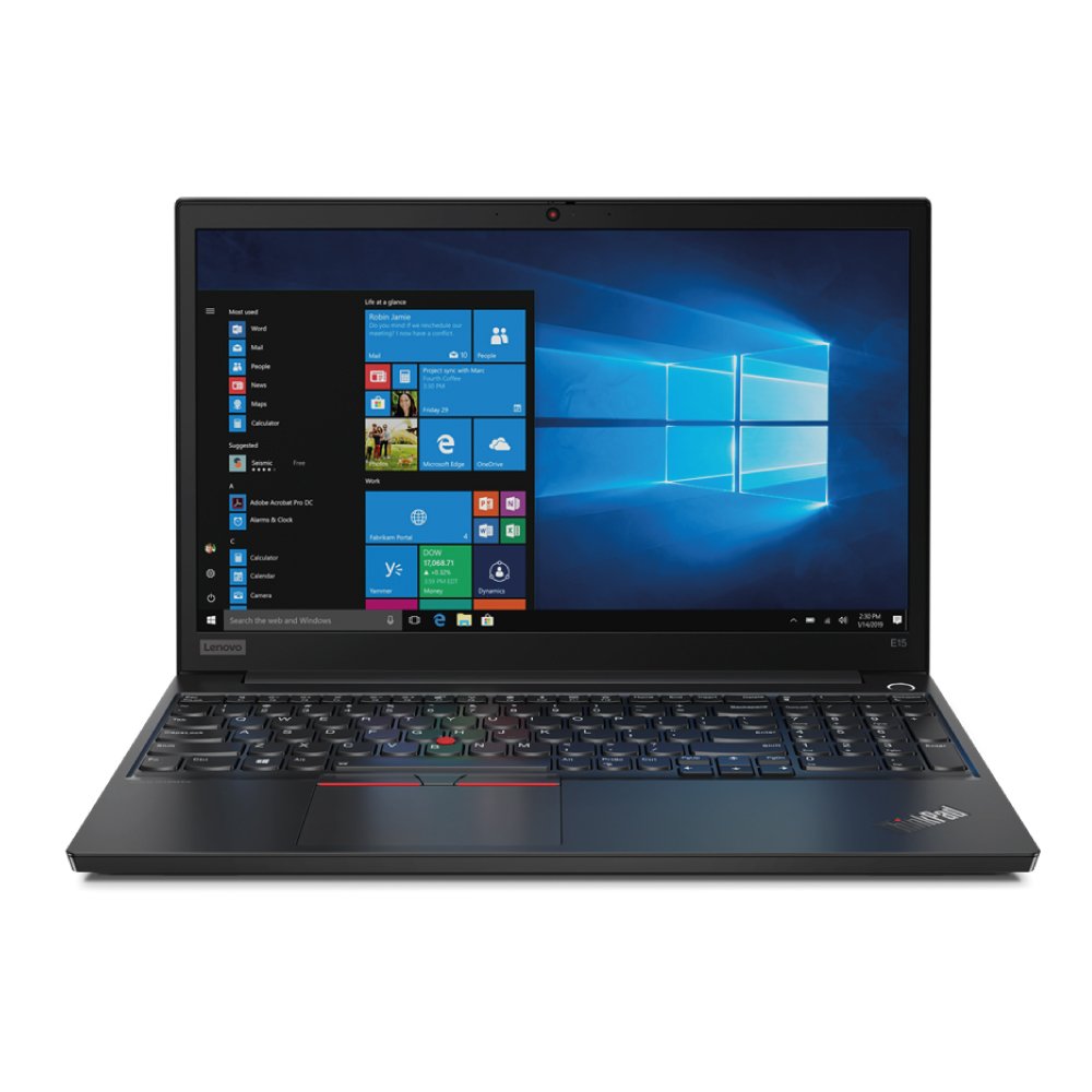 Left three-quarter view of black Lenovo ThinkPad E15 Gen 2 laptop with persons hand touching the laptops touchscreen display