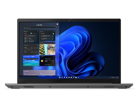 Ekranda denetimleri ve soyut mavi ekli olan açk bir Lenovo ThinkBook 15 Gen 4  Intel  dizüstü bilgisayarn önden görünümü