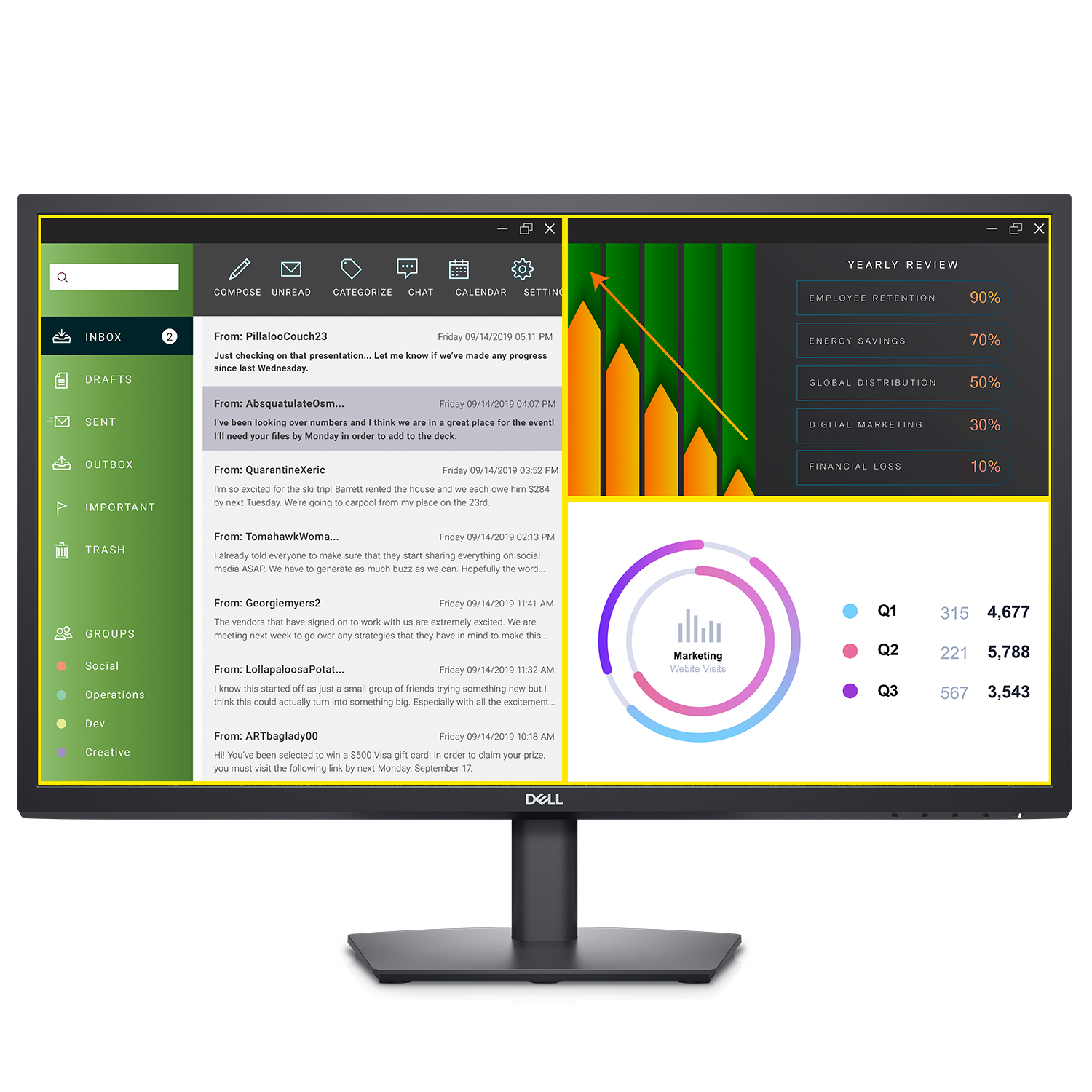 İki pano, bir e-posta gelen kutusu ve ekranda bir Dell E2723H Monitörün resmi.