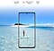 Galaxy A52s 5G seen from the front. Behind the phone and inside the display is a scene of a body of water and a small island. On the phone's screen is a person paddleboarding, and their paddleboard extends slightly outside the boundaries of the phone to represent the screen's immersive view. Text says Super Smooth, Brightness 800 nits and Eye Comfort Shield, with the SGS logo.