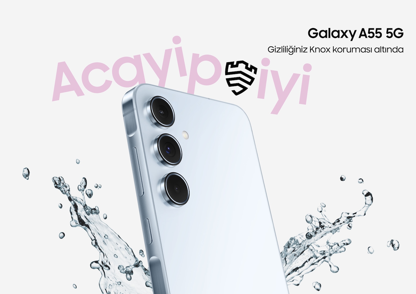 A Galaxy A55 5G shown at an angle with water splashes around it with the word 'AWESOME'. Galaxy A55 5G logo. Text reads Secured by Samsung Knox Vault.
