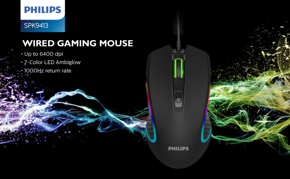 PHILIPS 5 Dğmeli USB Oyun Faresi, Sure-Shot Ayarlanabilir DPI ve Ambiglow ile (Model: SPK9413)